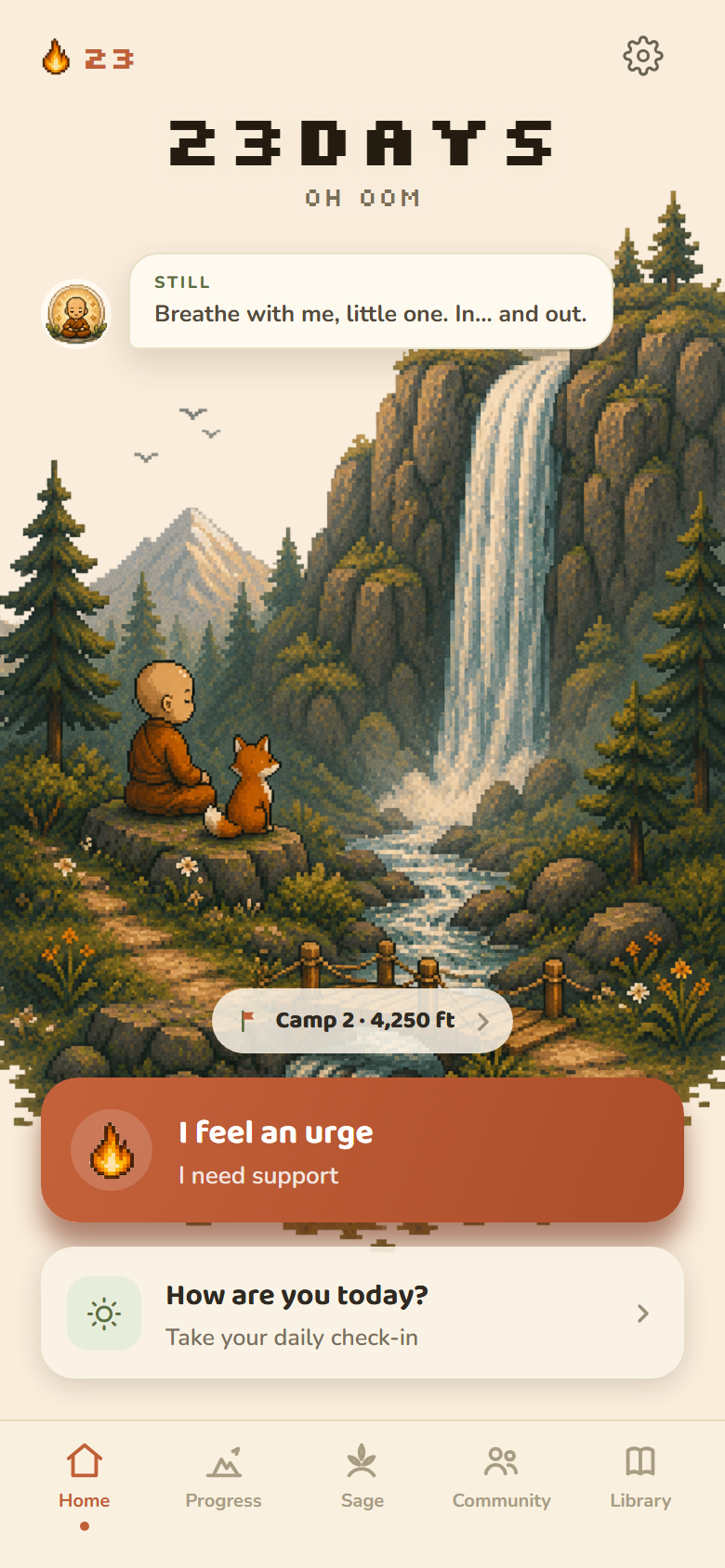 Stillmonk home screen: a 23-day count over a calm pixel-art mountain scene, with an 'I feel an urge' support button and a daily check-in