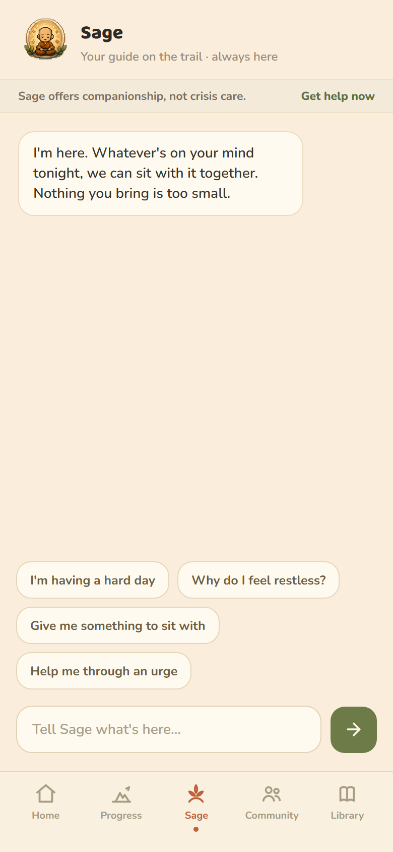 Sage, a calm in-app companion chat, noting it offers companionship, not crisis care, with a link to get help now