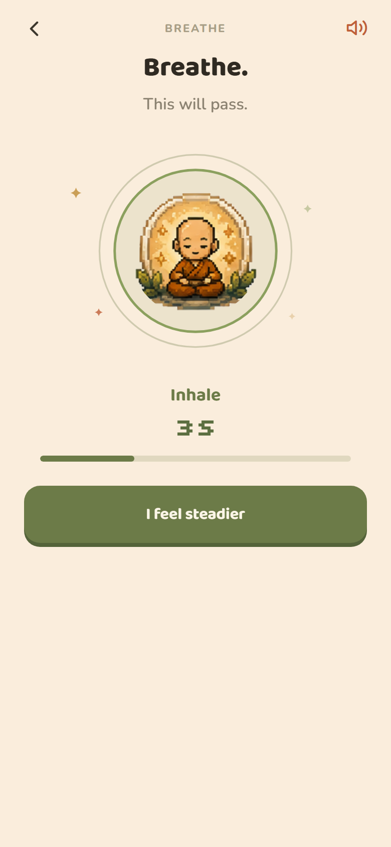 Stillmonk breathe screen: a calming animation with the words 'Breathe. This will pass.'