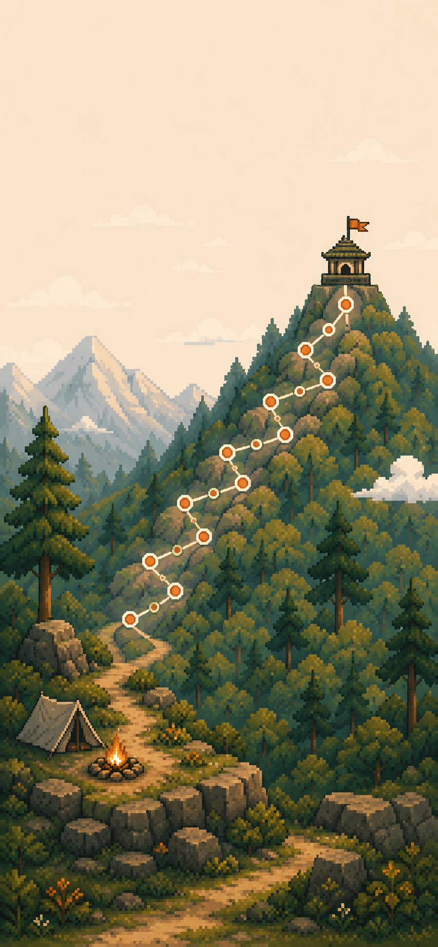 A pixel-art mountain trail winding up to a summit monastery