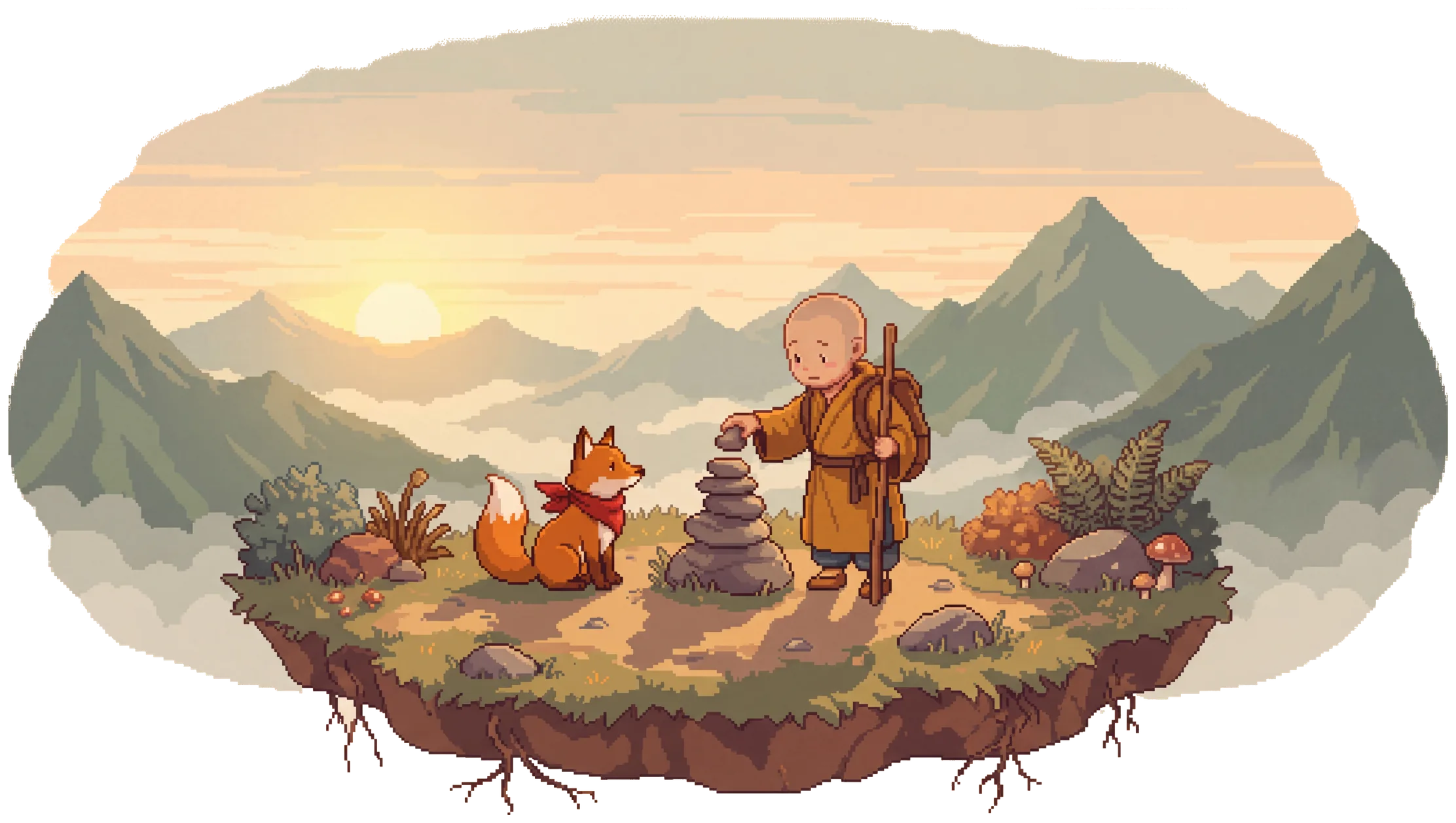 The monk places the top stone on a balanced cairn while the fox watches, on a small island of mountainside at sunset.