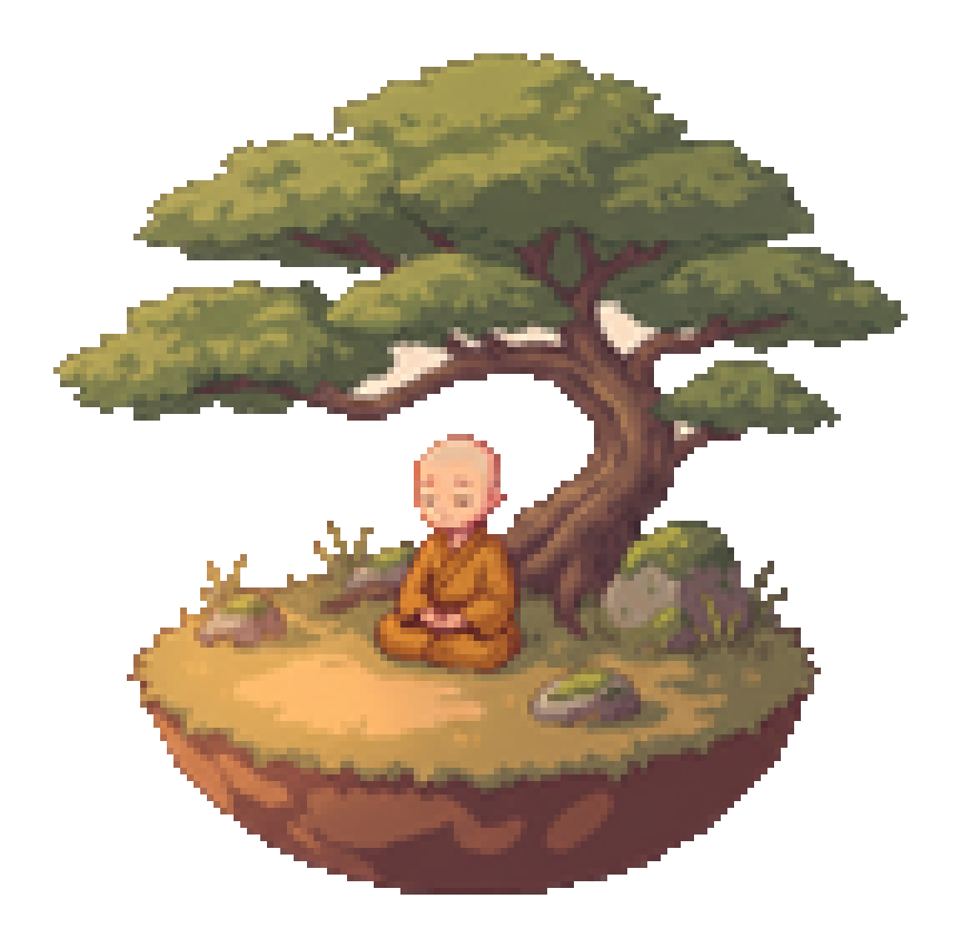 The monk sits cross-legged and still beneath a broad leaning tree.