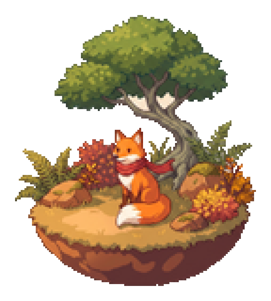 The fox sits waiting in the grass beneath a small leaning tree.