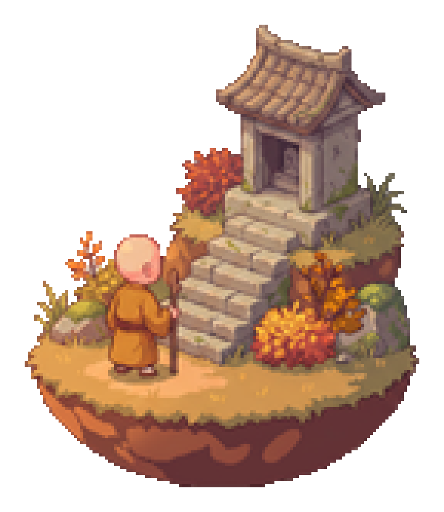 The monk climbs a flight of worn stone steps toward a small weathered shrine.
