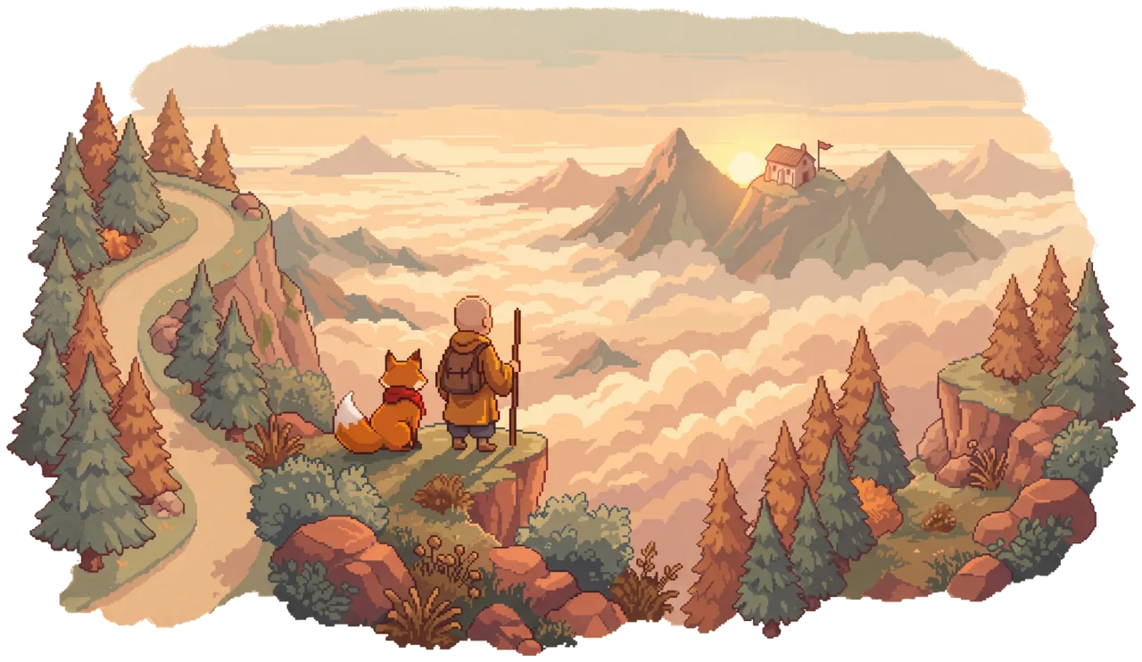 A monk and a fox rest on a mountain ridge above a sea of clouds, looking toward a distant monastery.