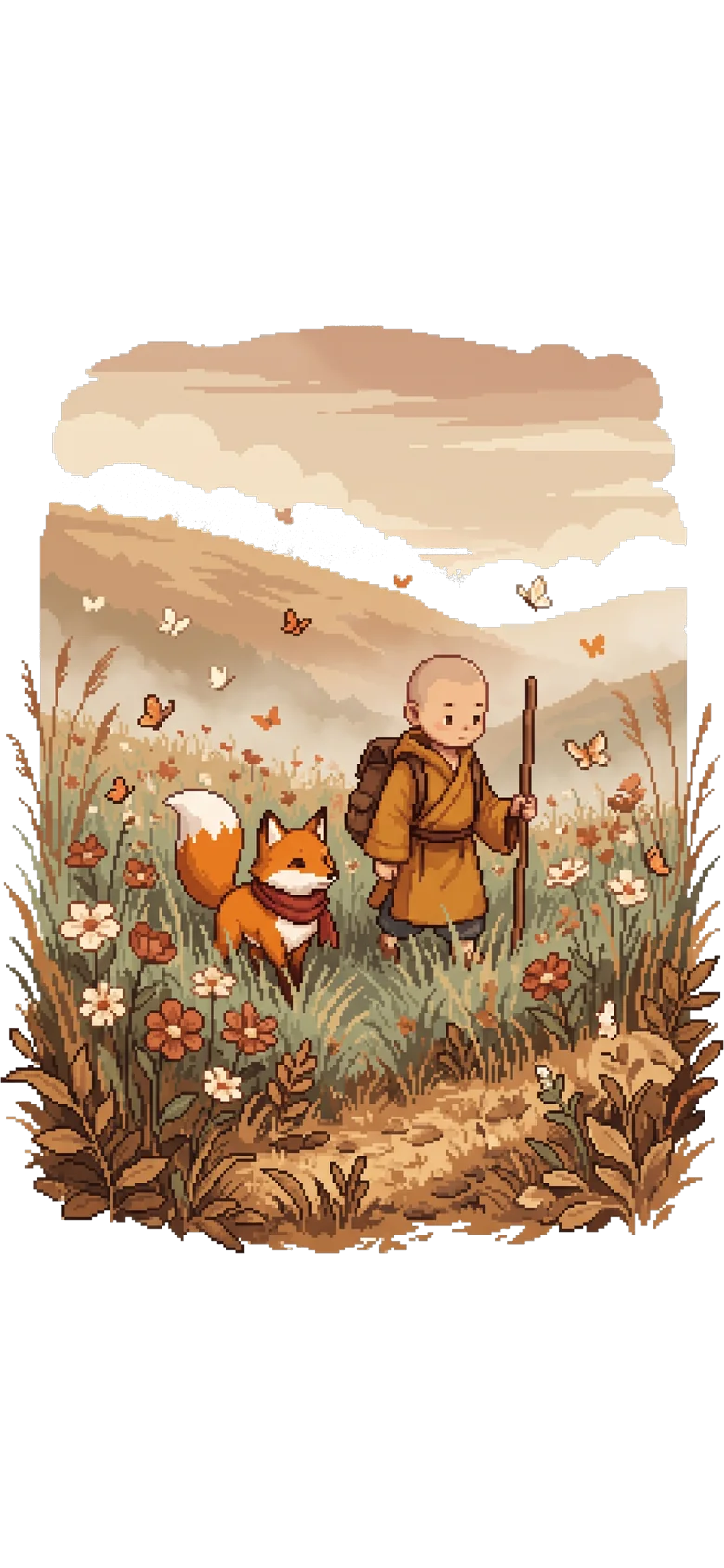 The monk walks a flowering meadow with his staff while the fox trots ahead through the poppies.