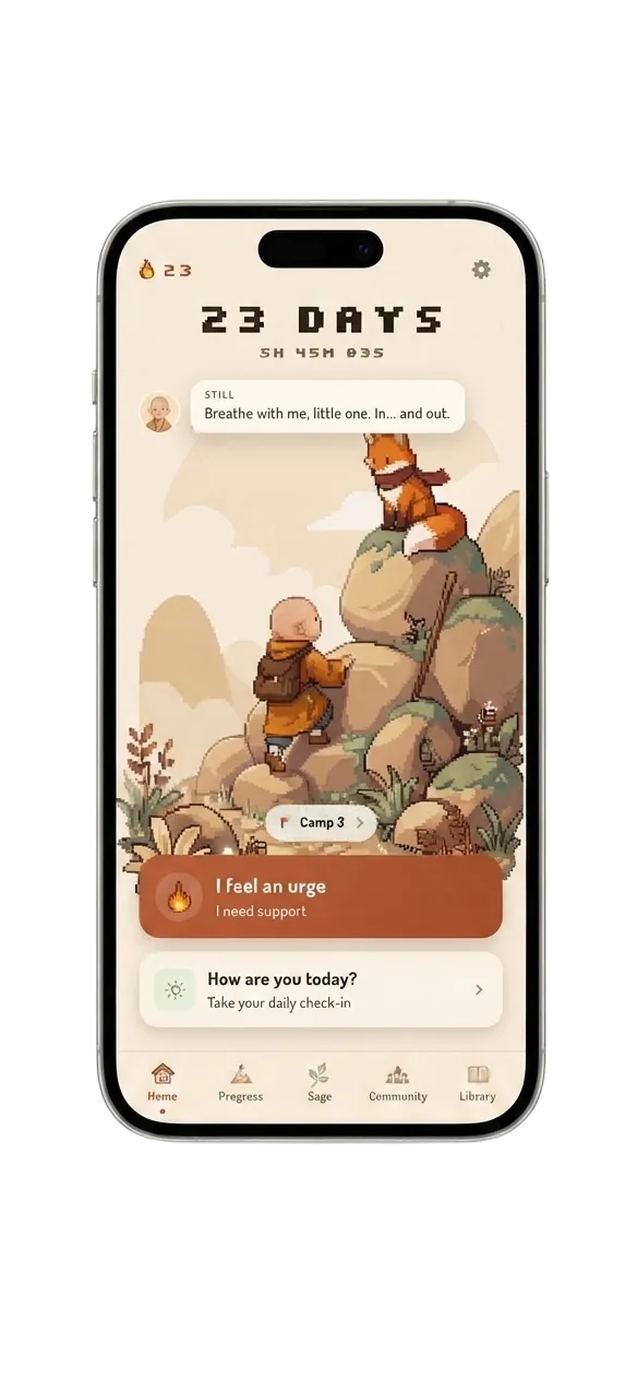 The Stillmonk home screen, showing a climb of 23 days and a single button for when an urge arrives.