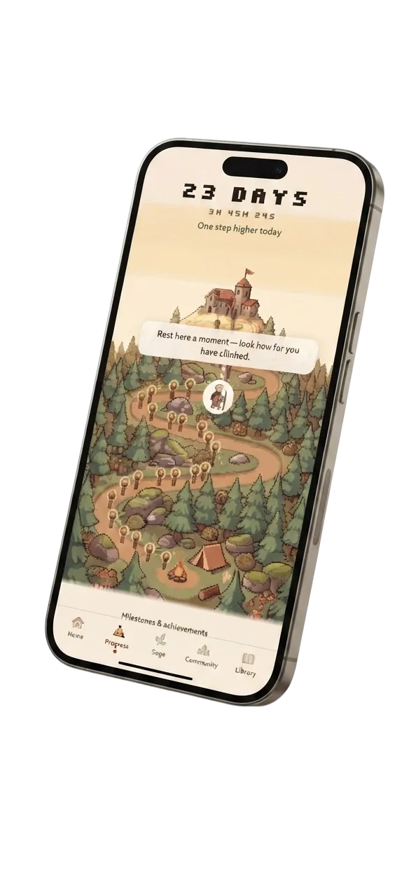 The Stillmonk journey map, showing the path climbing the mountain step by step.