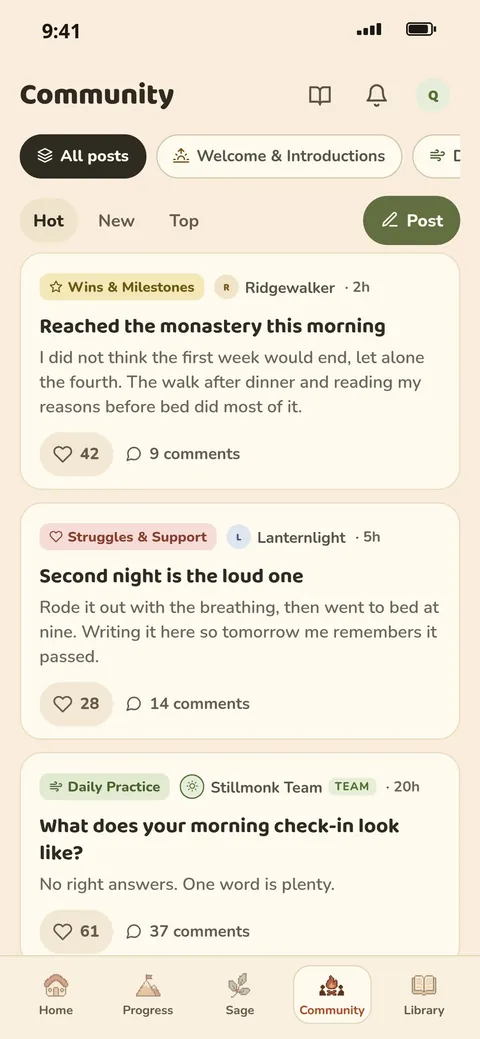 The Stillmonk community in the app: category chips and posts with likes and comments.