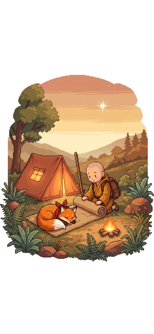 At dusk the monk sits by a small campfire in front of an orange tent while the fox curls up asleep beside him.